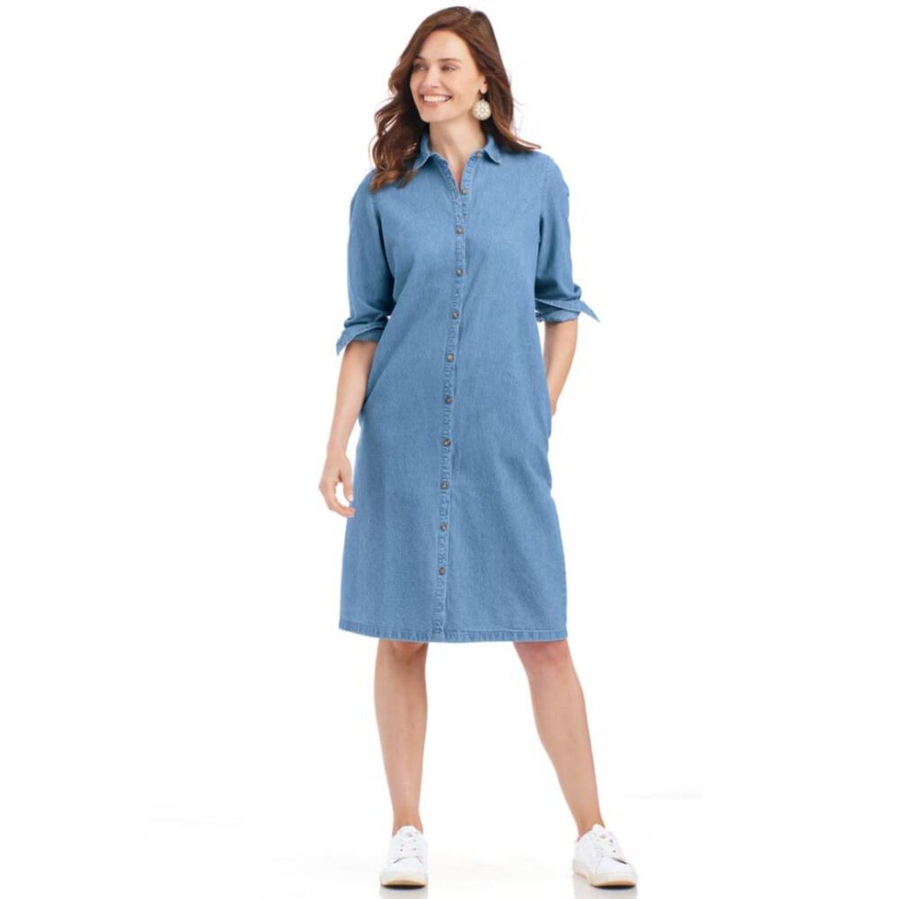 NEW Lightweight Blue Denim Plus Sz 2X Cotton Button Up Dress Side Pockets BLAIR